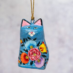 Ornement de chat à suspendre motif floral indien bleu
