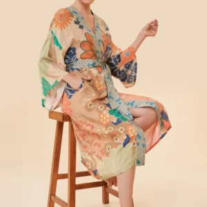 Robe kimono florale kaléidoscope des années 70 en noix de coco