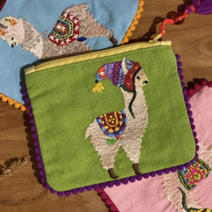 Pochette zippé VERTE avec motif de lama brodé